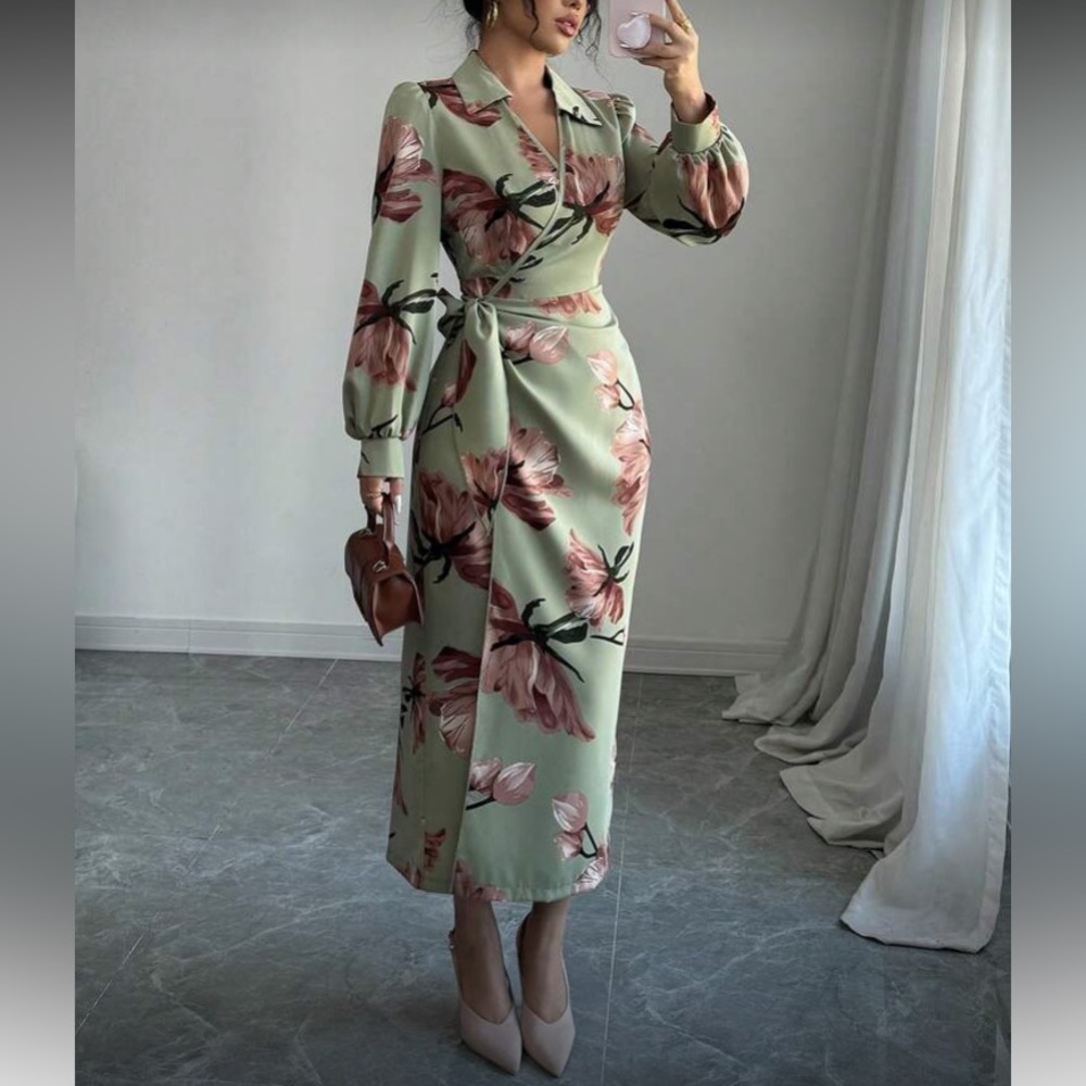 Floral Wrap Dress in Green and Pink